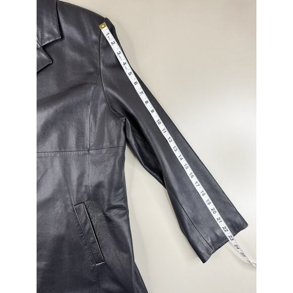 Vintage Jones Wear Sport Black Leather Button Front Long Coat L Classic 90s Y2K - Picture 7 of 12